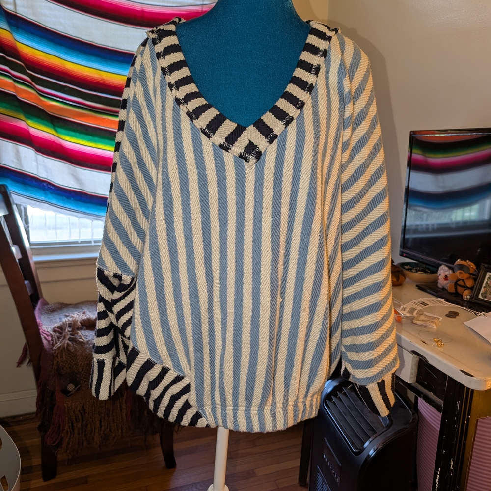 Free People Blue and White V-Neck Sweater